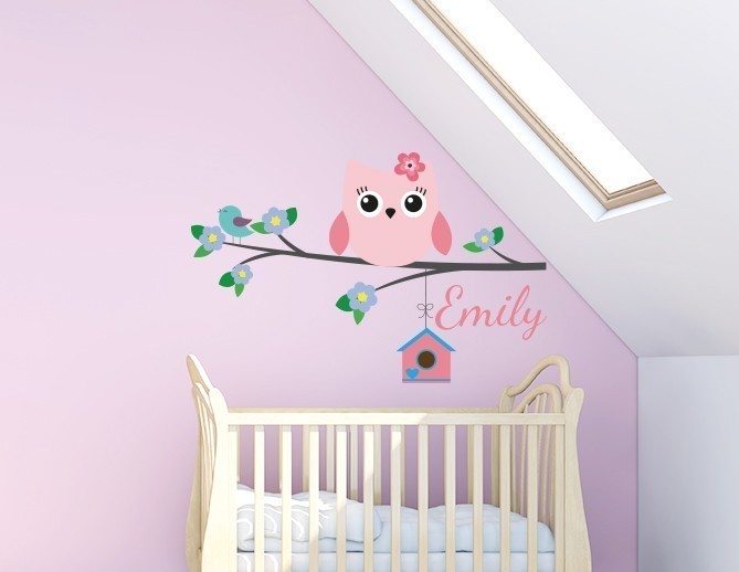 Custom Name Owl Branch Vinyl Wall Sticker – Nursery Kids Room Decor – Removable Multi-Colored Decal