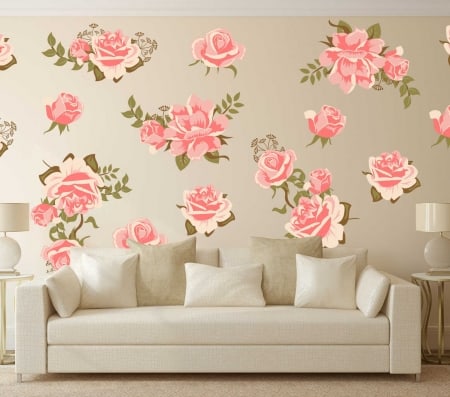 Pink Rose Flower Wall Decal Set, Pretty Pink Graphic Flower Wall Decal Set, wall decal, wall sticker, wall decals ireland, flower wall stickers,